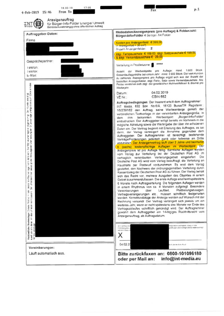Arkadia Verlag GmbH: Verzicht auf 8.500,- € aus Anzeigenvertrag (Bürger-Info-Folder)