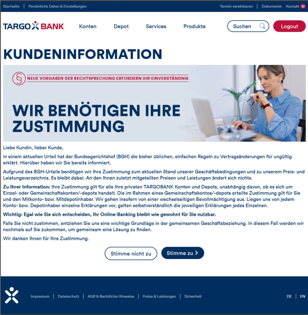 LG Düsseldorf: Nötigendes Popup beim Online-Banking